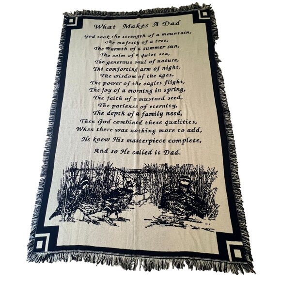 Woven Throw Blanket "What Makes A Dad" Blue Ivory Soft Woven Cotton 74" Long Vtg - Picture 1 of 7